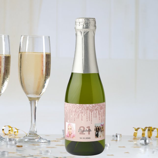 21st birthday rose gold blush glitter drips photo sparkling wine label (Creator Uploaded)