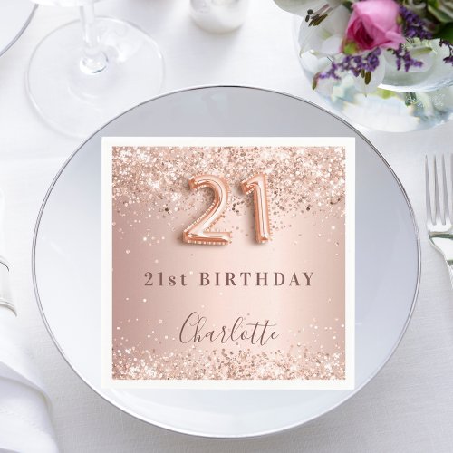 21st birthday rose gold blush glitter name napkins