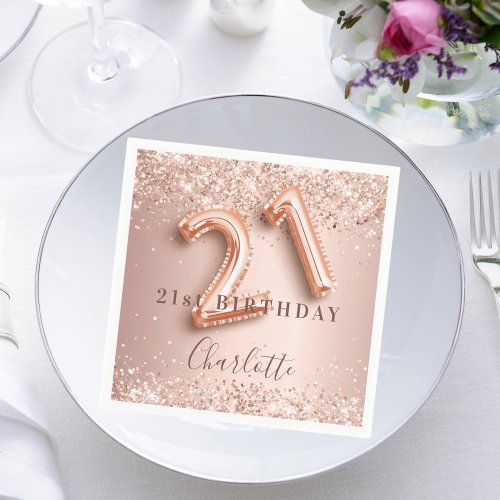 21st birthday rose gold blush glitter name napkins