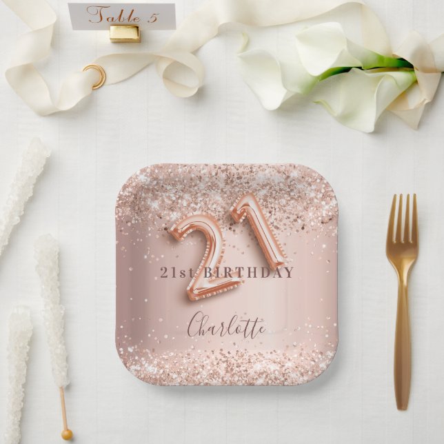 21st birthday rose gold blush glitter name paper plates (Wedding)