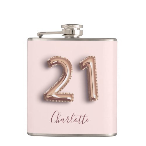 21st birthday rose gold blush name flask