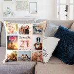 21st birthday rose gold blush photo collage throw pillow<br><div class="desc">A unique gift for a 21st birthday, celebrating her life with a collage of 8 of your own photos, pictures. Personalize and add her name and a date. A chic rose gold, blush pink background. The name is written with a modern hand lettered style script, number 21 with a balloon...</div>