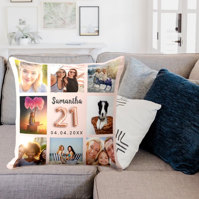 21st birthday rose gold blush photo collage throw pillow (Creator Uploaded)