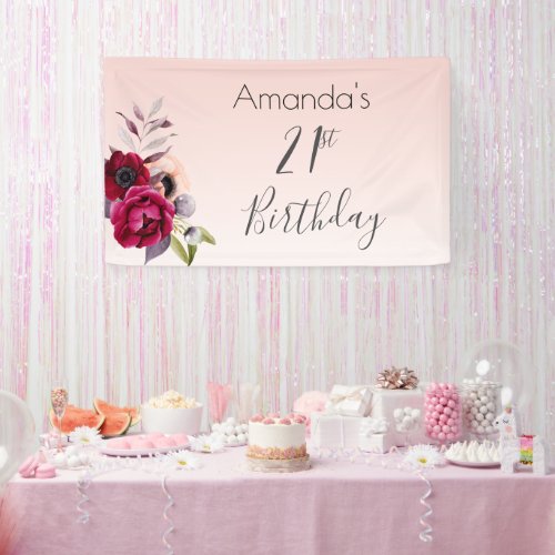 21st birthday rose gold blush pink florals banner