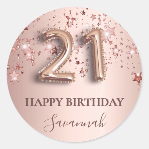 21st birthday rose gold blush stars name classic round sticker