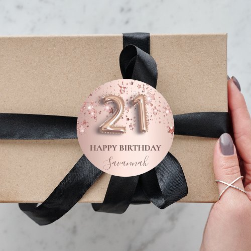 21st birthday rose gold blush stars name classic round sticker