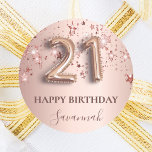 21st birthday rose gold blush stars name classic round sticker<br><div class="desc">Elegant, classic, glamorous and girly for a 21st birthday party. Rose gold and blush pink, gradient background. Decorated with rose gold, pink sparkling stars. Personalize and add a name. With the text: Happy Birthday plus the birthday girls name. The name is written with a modern dark rose colored hand lettered...</div>