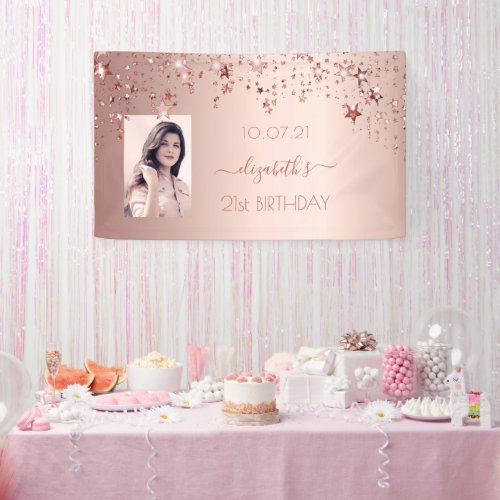 21st birthday rose gold blush stars photo banner