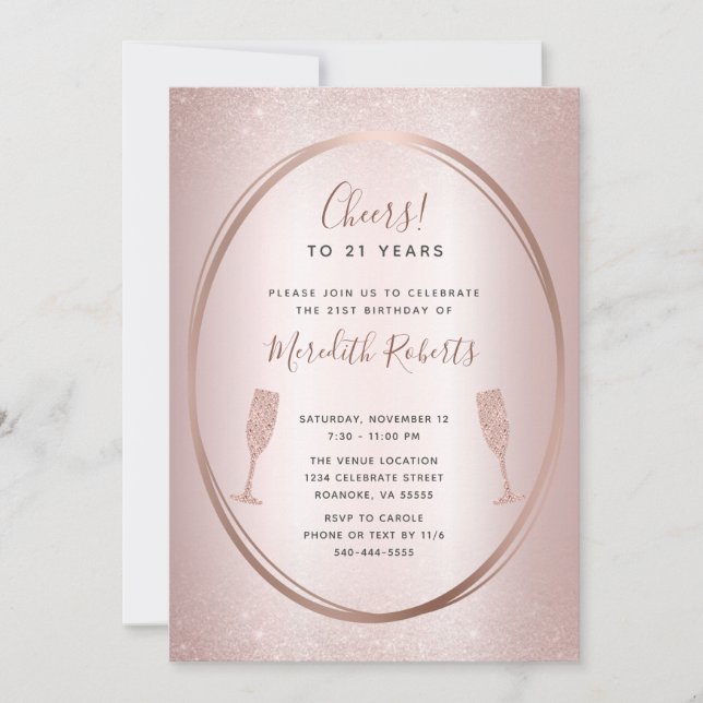 21st Birthday Rose Gold Champagne Party Invite (Front)