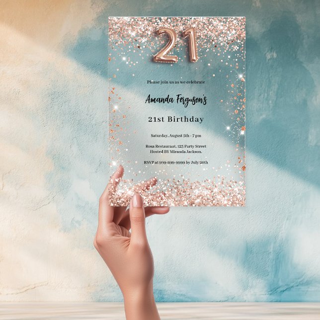 21st birthday rose gold clear party acrylic invitations (Creator Uploaded)