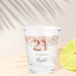 21st birthday rose gold confetti name shot glass<br><div class="desc">For a 21st birthday. Transparent background.  Decorated with rose gold sparkles,  confetti.  Personalize and add a date,  name. Number 21 is written with a balloon style font.</div>
