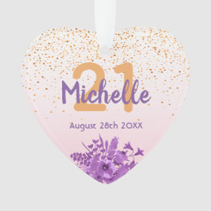 21st birthday rose gold confetti purple flowers ornament