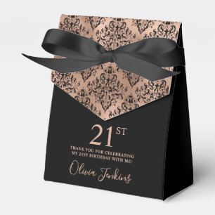 21st Birthday Rose Gold Damask Thank You Favor Boxes