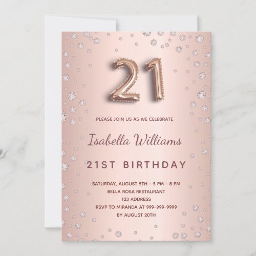 21st birthday rose gold diamonds invitation