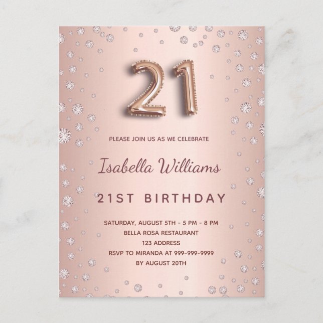 21st birthday rose gold diamons balloon script postcard (Front)