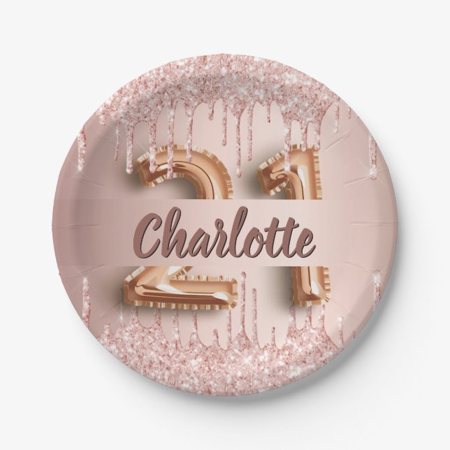21st birthday rose gold drips party paper plates (Front)