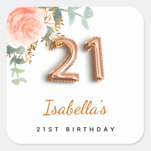 21st birthday rose gold eucalyptus monogram square sticker