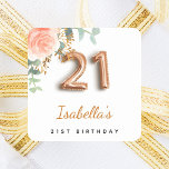 21st birthday rose gold eucalyptus monogram square sticker<br><div class="desc">For an elegant and feminine 21st birthday party. A chic white background. Decorated with a rose gold and blush pink watercolored rose flower, floral, green eucalyptus leaves, sprigs, greenery and faux gold sprigs. Personalize and a name. Black and golden letters. The name is written with a modern hand lettered style...</div>