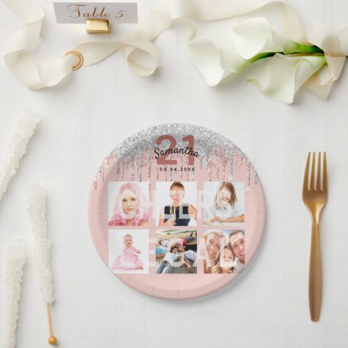 21st birthday rose gold glitter blush silver photo paper plates