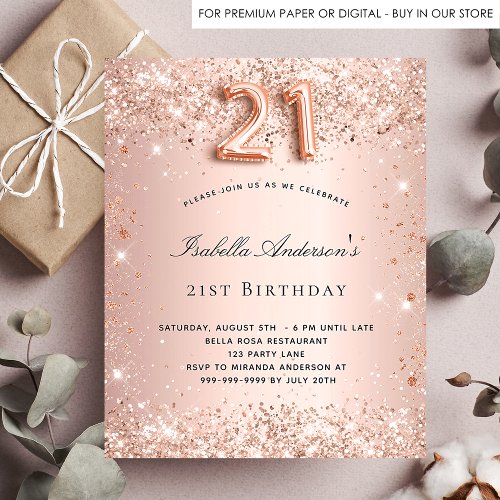 21st birthday rose gold glitter budget invitation