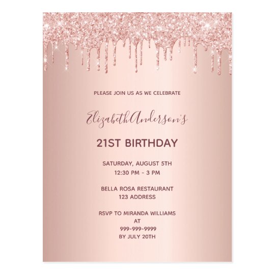 21st birthday rose gold glitter drip invitation postcard | Zazzle.com