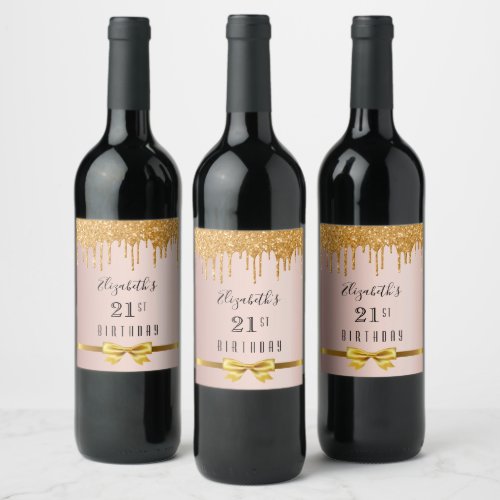 21st birthday rose gold glitter drip monogram wine label