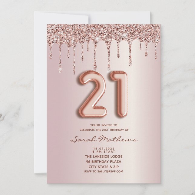 21st  Birthday Rose Gold Glitter Drips Invitation (Front)