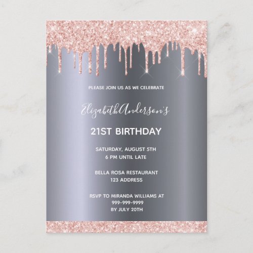 21st birthday rose gold glitter drips invitation