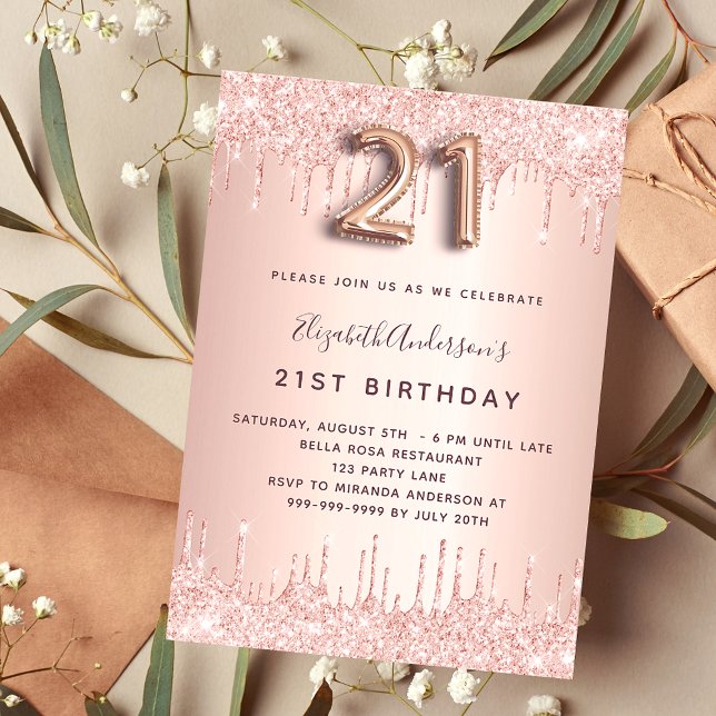 21st birthday rose gold glitter drips luxury invitation (Creator Uploaded)