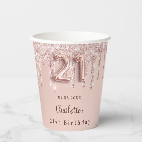 21st birthday rose gold glitter drips monogram paper cups