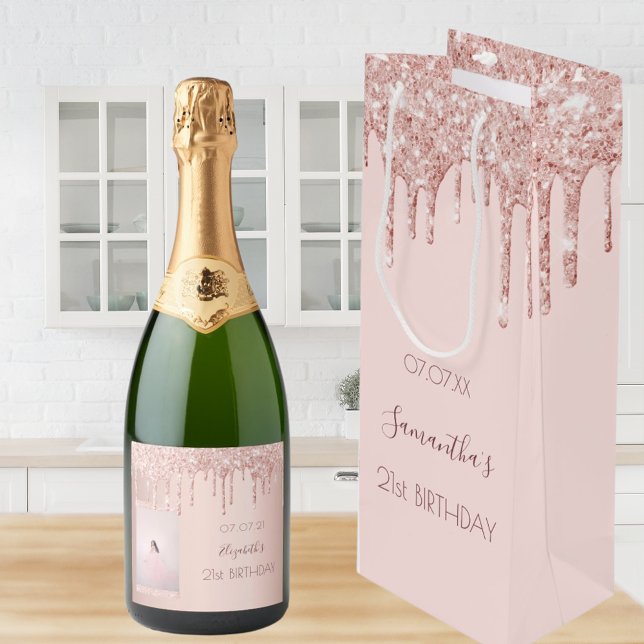 21st birthday rose gold glitter drips name wine gift bag (Creator Uploaded)