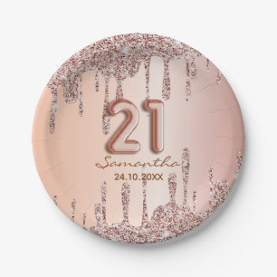 21st Birthday Rose Gold glitter drips Paper Plates
