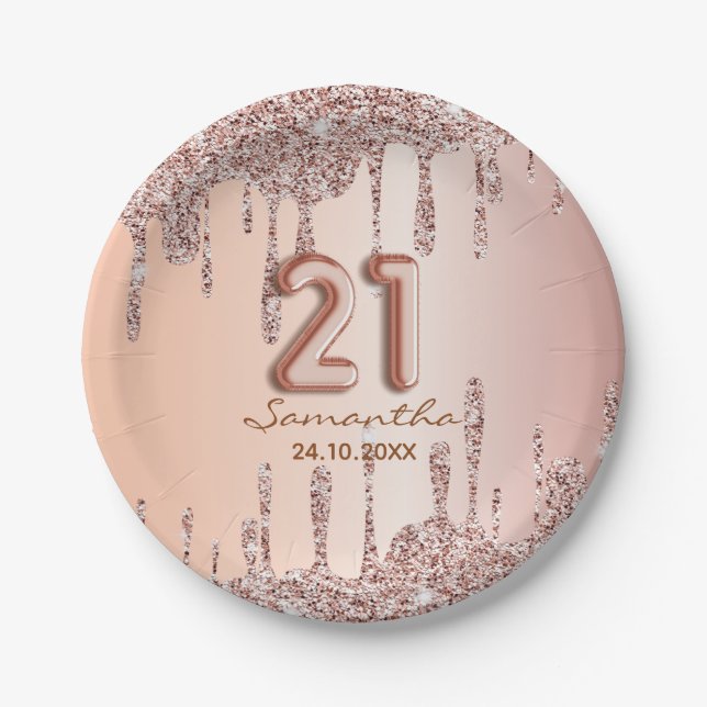 21st Birthday Rose Gold glitter drips Paper Plates (Front)