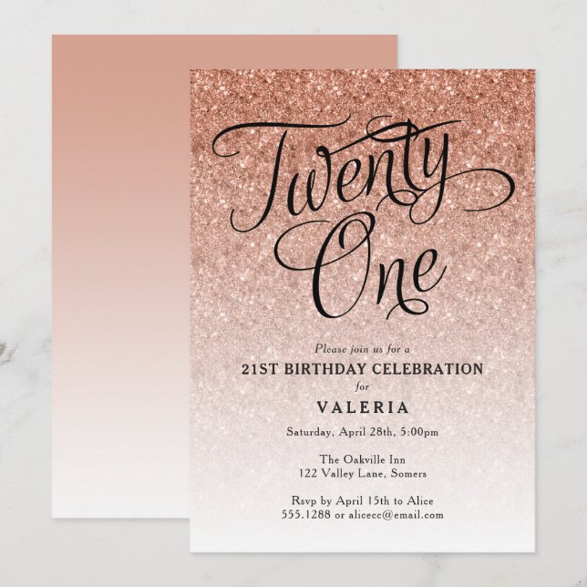 21ST Birthday  Rose Gold Glitter Invitation (Front/Back)