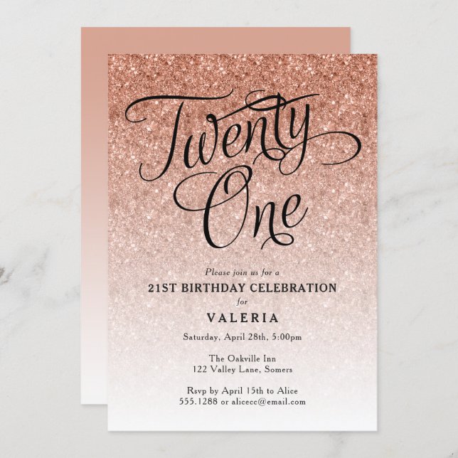 21ST Birthday  Rose Gold Glitter Invitation (Front/Back)