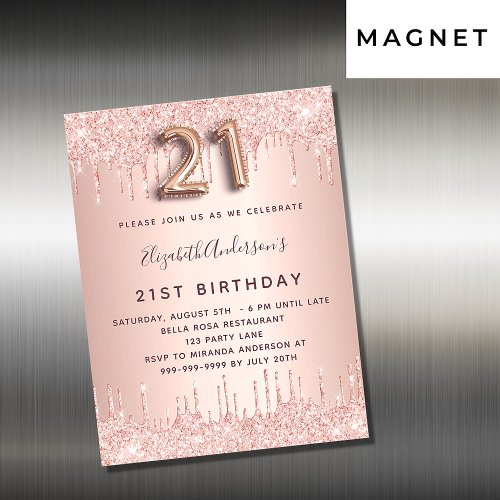 21st birthday rose gold glitter invitation magnet