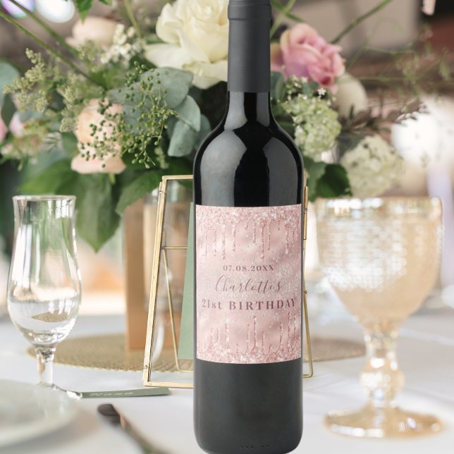 21st birthday rose gold glitter name wine label (Creator Uploaded)