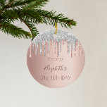 21st birthday rose gold glitter pink 21 silver ceramic ornament<br><div class="desc">An ornament for a girly and glamorous 21st birthday. A faux rose gold background with an elegant rose gold faux silver glitter drips, paint dripping look. Personalize and add a name, date and age 21. The name is written in dark rose gold with a modern hand lettered style script. Perfect...</div>