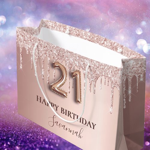 21st birthday rose gold glitter pink balloon style large gift bag