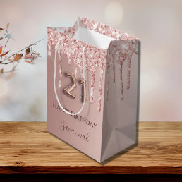 21st birthday rose gold glitter pink balloon style medium gift bag