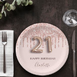 21st birthday rose gold glitter pink balloon style paper plates<br><div class="desc">Elegant, classic, glamorous and girly for a 21st birthday party. Blush pink background. Decorated with rose gold faux glitter drips, paint dripping look. Personalize and add a name. With the text: Happy Birthday. The name is written with a modern dark rose colored hand lettered style script. Number 21 is written...</div>
