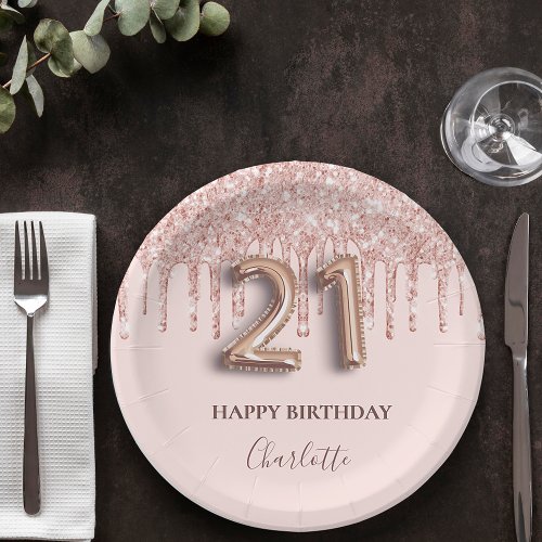21st birthday rose gold glitter pink balloon style paper plates