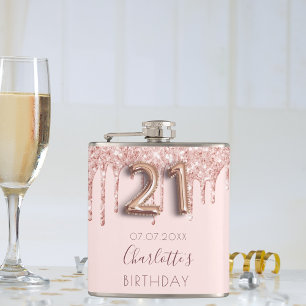 21st birthday rose gold glitter pink glam monogram flask