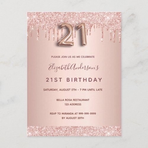 21st birthday rose gold glitter pink invitation postcard