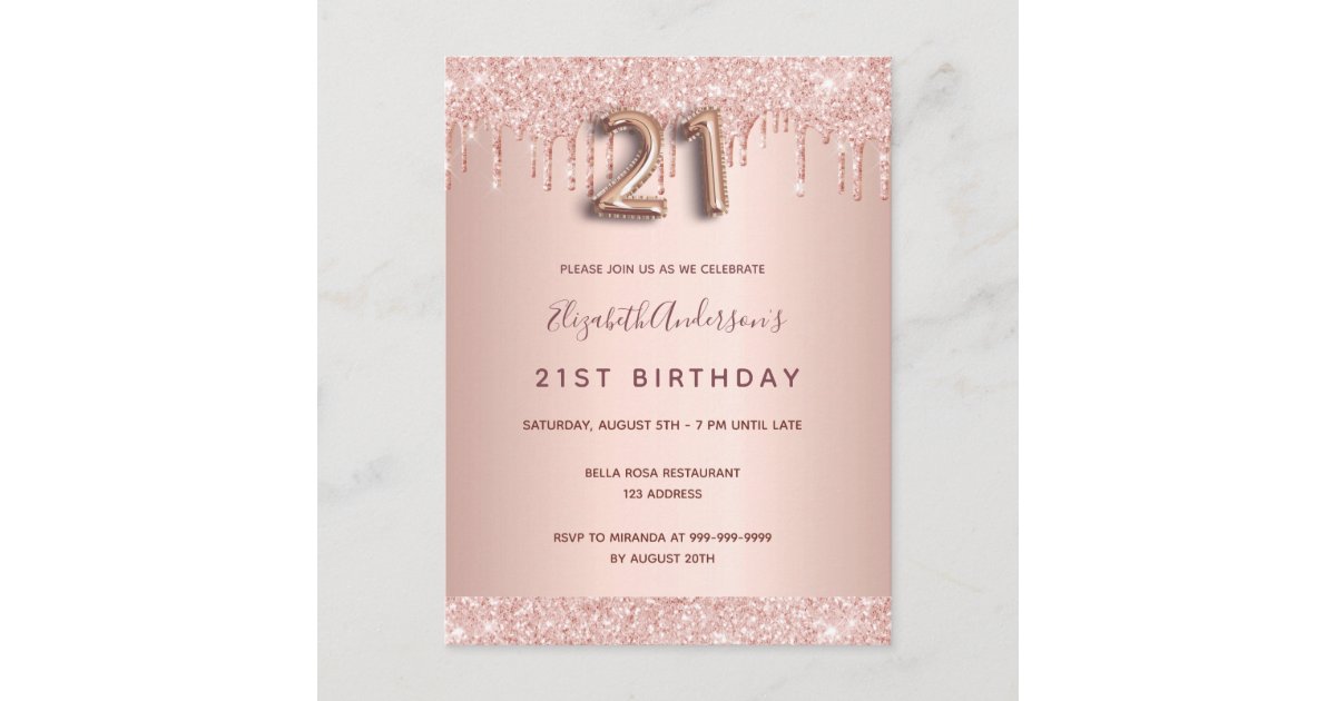21st birthday rose gold glitter pink invitation postcard