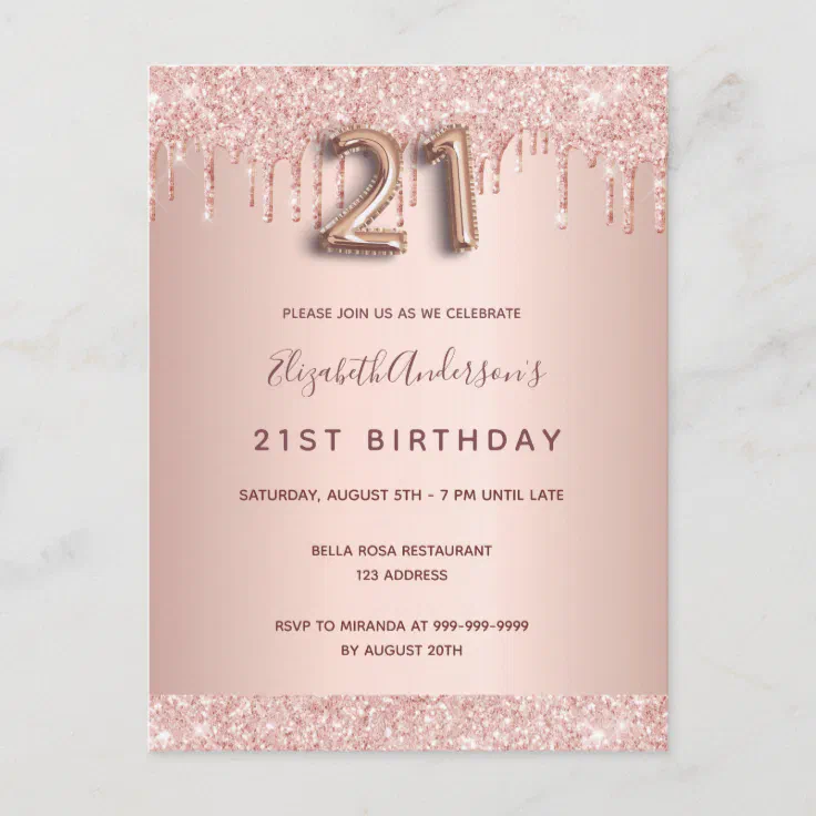 21st birthday rose gold glitter pink invitation postcard | Zazzle