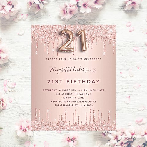 21st Birthday rose gold glitter pink luxury Invitation Postcard