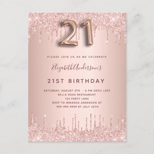 21st Birthday rose gold glitter pink luxury Invitation Postcard | Zazzle