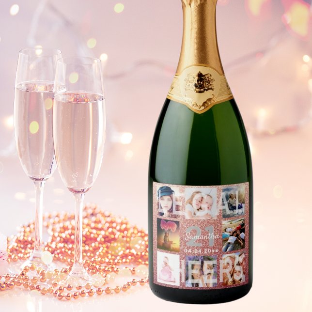 21st birthday rose gold legal glitter photo name sparkling wine label (Creator Uploaded)