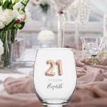 21st birthday rose gold name stemless wine glass<br><div class="desc">Transparent background. Personalize and add your name and birthday date.  Number 21 with a balloon style font.</div>